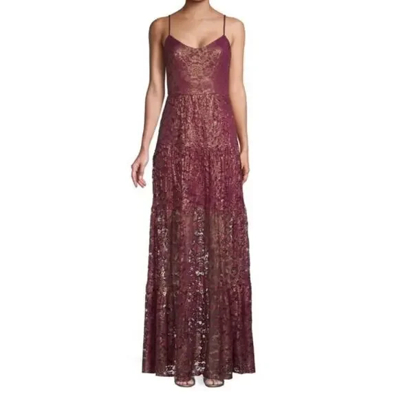 Dress the Population | Dresses | Nwt Dress The Population Antoinette  Sleeveless Burgundy Gold Lace Maxi Dress S | Poshmark